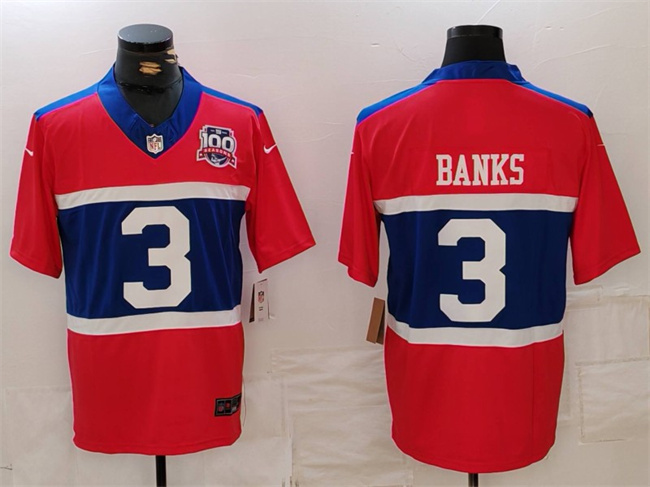 Men's New York Giants #3 Deonte Banks Century Red 100TH Season Commemorative Patch Limited Stitched Football Jersey